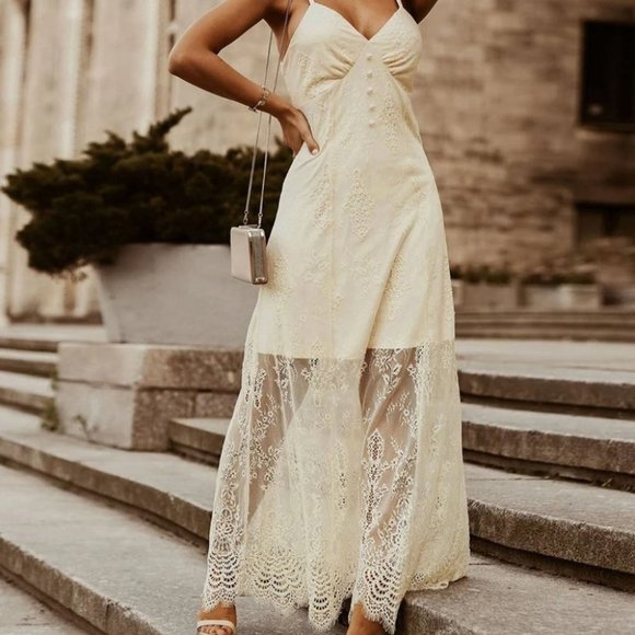 Beige Elegant Button detailed Lace Overlay Cami maxi Dress - Picture 5 of 6